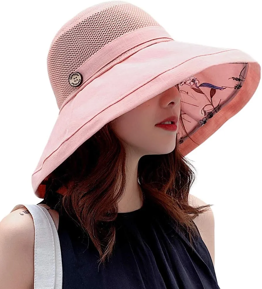 Women Mesh Sun Hats Summer Beach UV Protection UPF Packable Wide Brim Chin Strap
