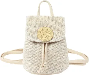 Women Mini Straw Woven Backpack Flap Drawstring Daypack Cross-body Bag Bucket Bag, Mini Beige