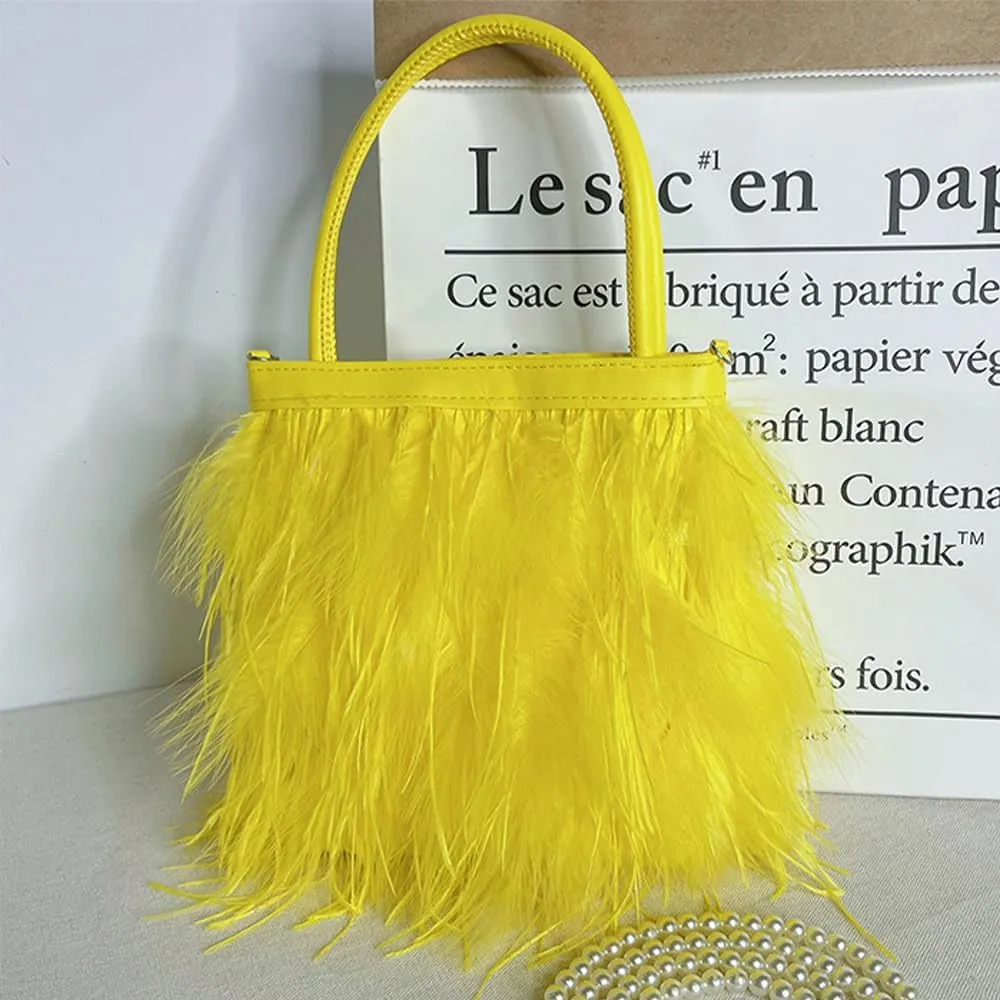 Women Ostrich Feather Purse Tote Bag Fluffy Purse Clutch Feather Evening Handbag Purses and Clutches for Wedding Party Yellow