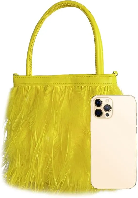 Women Ostrich Feather Purse Tote Bag Fluffy Purse Clutch Feather Evening Handbag Purses and Clutches for Wedding Party Yellow