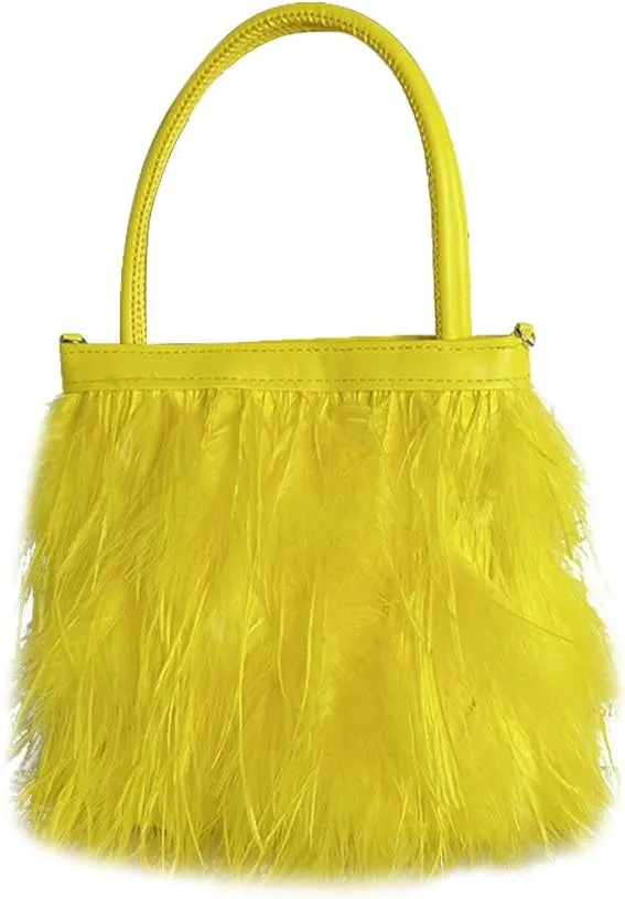 Women Ostrich Feather Purse Tote Bag Fluffy Purse Clutch Feather Evening Handbag Purses and Clutches for Wedding Party Yellow