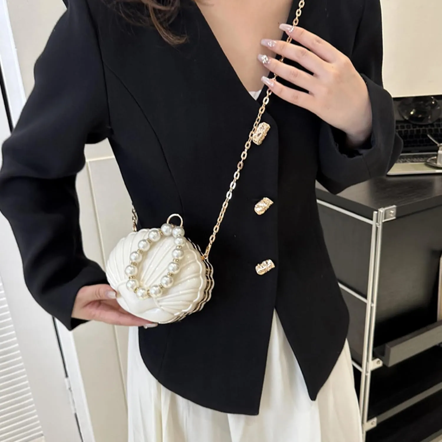 Women Seashell Evening Bag Purse Mermaid Chain Strap Clutch Handbag Shoulder Bag