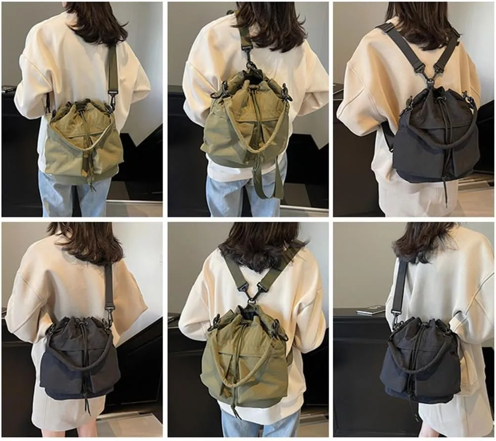 Women Shoulder Bag Drawstring Bucket Bag Large Capacity Backpack Commuting Bag Trendy Crossbody Bag for Autumn Winter