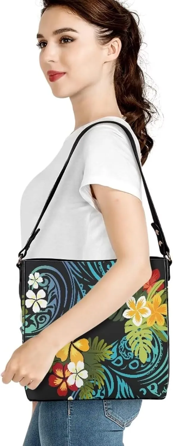 Women Shoulder Bucket Tote Crossbody Bag, Hawaiian Tribal PU Leather Bucket Handbag Tropical Floral Hobo Bag Purse