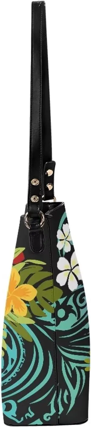 Women Shoulder Bucket Tote Crossbody Bag, Hawaiian Tribal PU Leather Bucket Handbag Tropical Floral Hobo Bag Purse