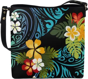 Women Shoulder Bucket Tote Crossbody Bag, Hawaiian Tribal PU Leather Bucket Handbag Tropical Floral Hobo Bag Purse