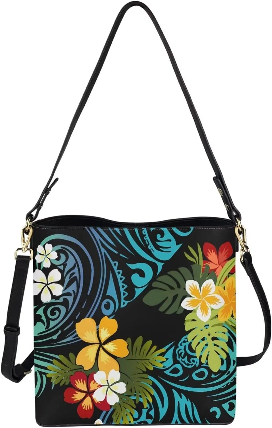 Women Shoulder Bucket Tote Crossbody Bag, Hawaiian Tribal PU Leather Bucket Handbag Tropical Floral Hobo Bag Purse