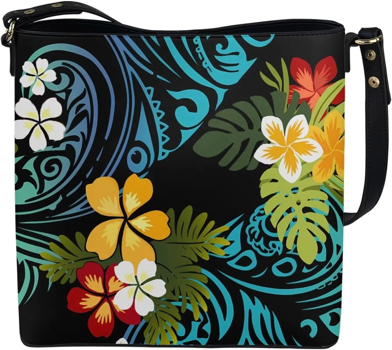 Women Shoulder Bucket Tote Crossbody Bag, Hawaiian Tribal PU Leather Bucket Handbag Tropical Floral Hobo Bag Purse