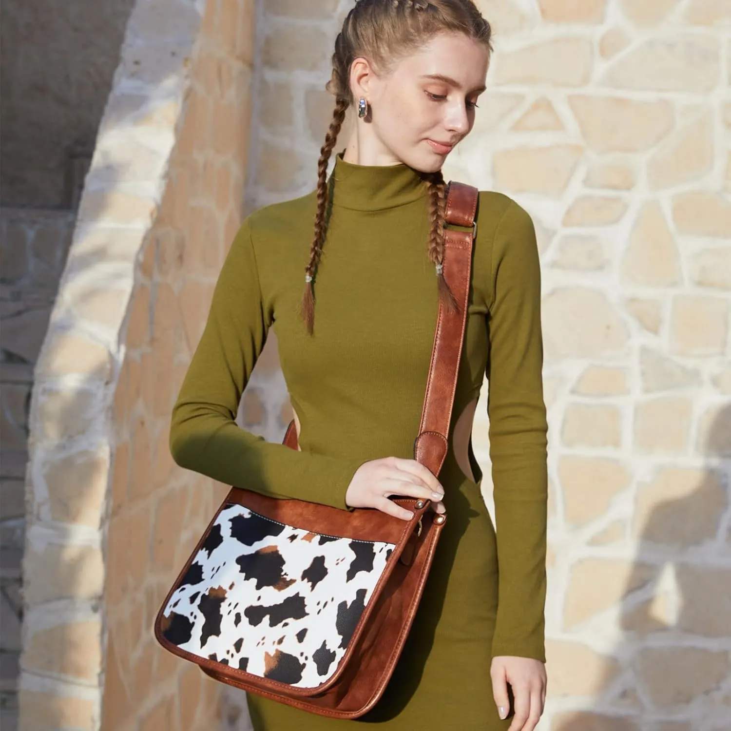 Women Shoulder Crossbody Bag, Vegan Leather Designer Hobo Handbags Purse with 2 Guitar Straps Bucket Satchel Tote Bag