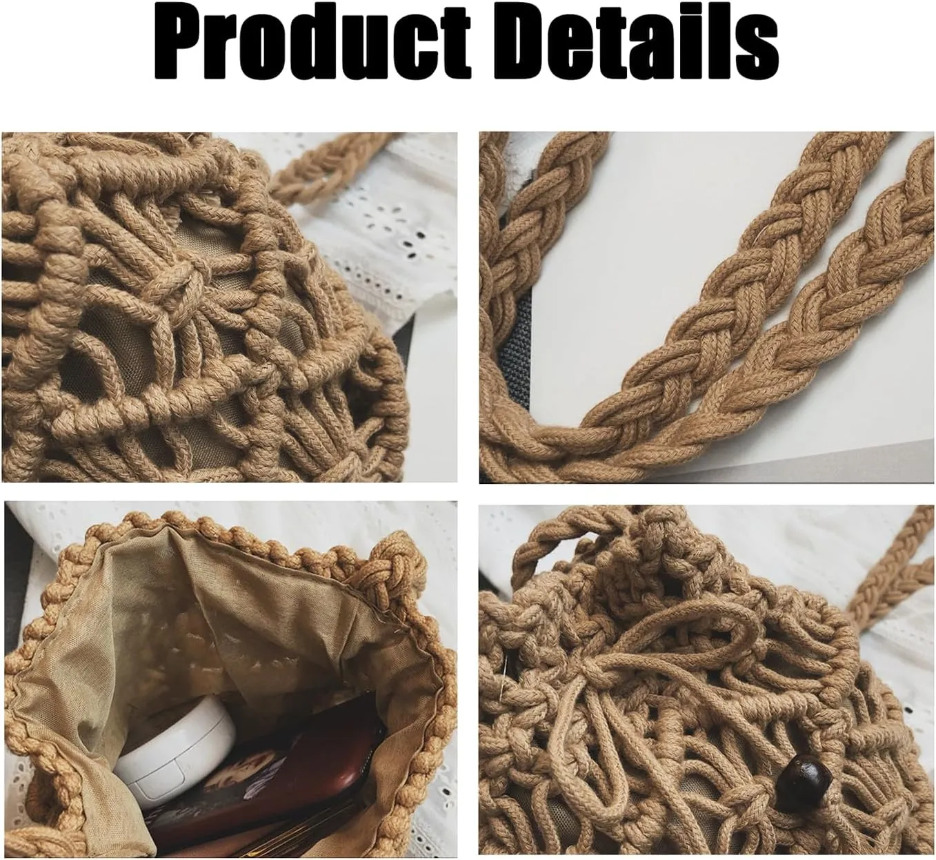 Women Small Crochet Crossbody Bag Hand Woven Drawstring Shoulder Beach Bucket Hobo Purse Travel Daily Vacation Tote Handbag
