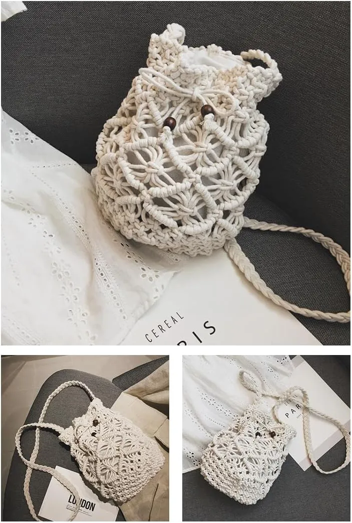 Women Small Crochet Crossbody Bag Hand Woven Drawstring Shoulder Beach Bucket Hobo Purse Travel Daily Vacation Tote Handbag