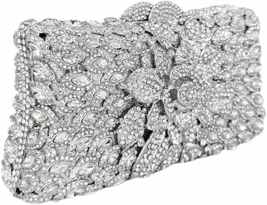 Women Sparkling Rose Crystal Evening Clutch Floral Rhinestone Wedding Purse Chic Flower Handbag for Prom Dating