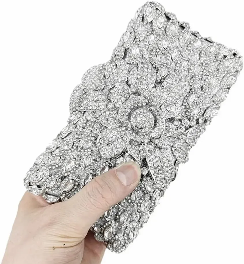 Women Sparkling Rose Crystal Evening Clutch Floral Rhinestone Wedding Purse Chic Flower Handbag for Prom Dating