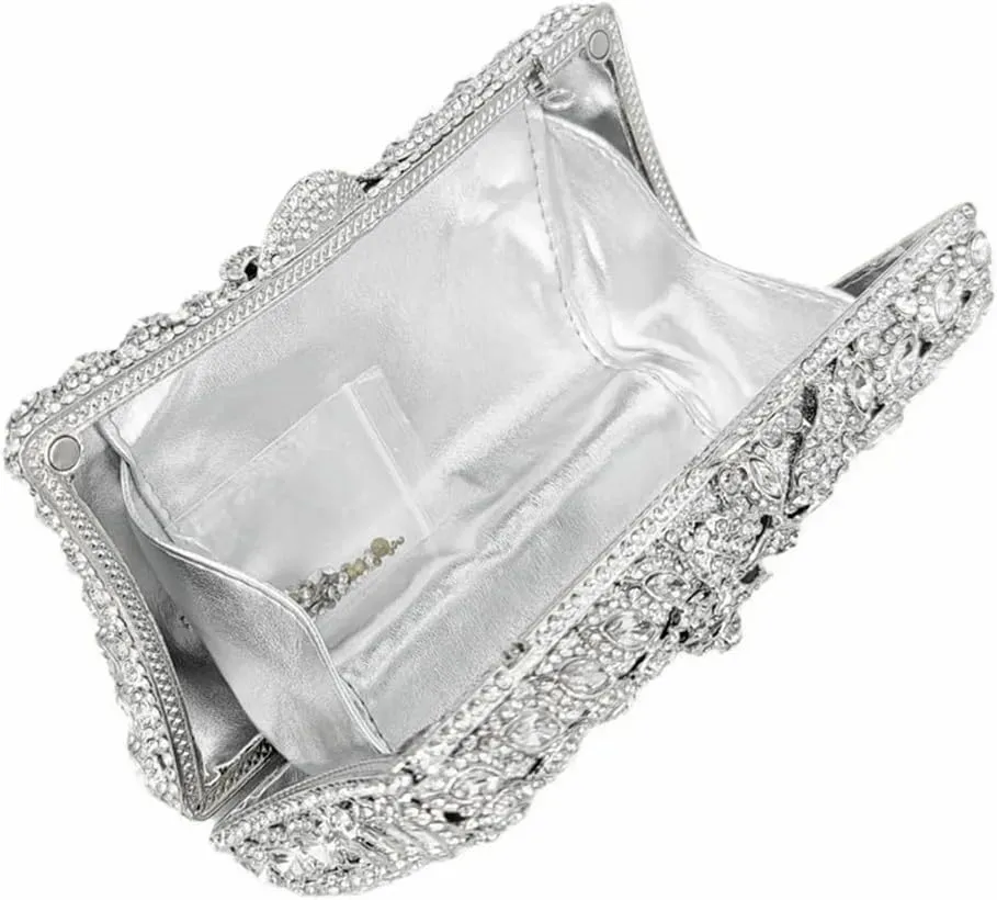 Women Sparkling Rose Crystal Evening Clutch Floral Rhinestone Wedding Purse Chic Flower Handbag for Prom Dating