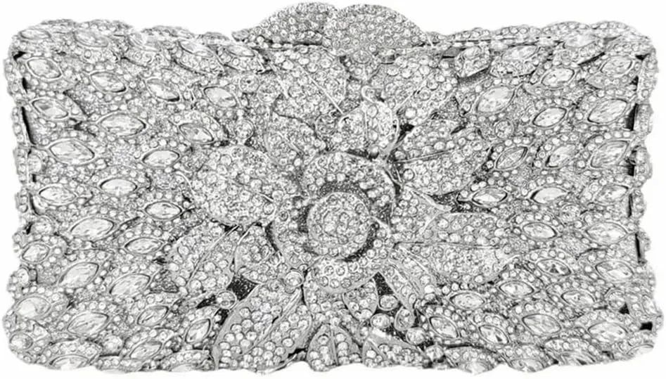 Women Sparkling Rose Crystal Evening Clutch Floral Rhinestone Wedding Purse Chic Flower Handbag for Prom Dating