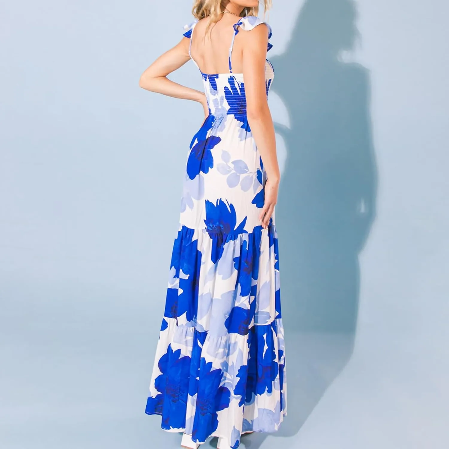 Women Summer Flying Sleeve Floral Maxi Dress Sleeveless Open Back Boho Smocked Cami Long Dress Flowy Slim Sundress