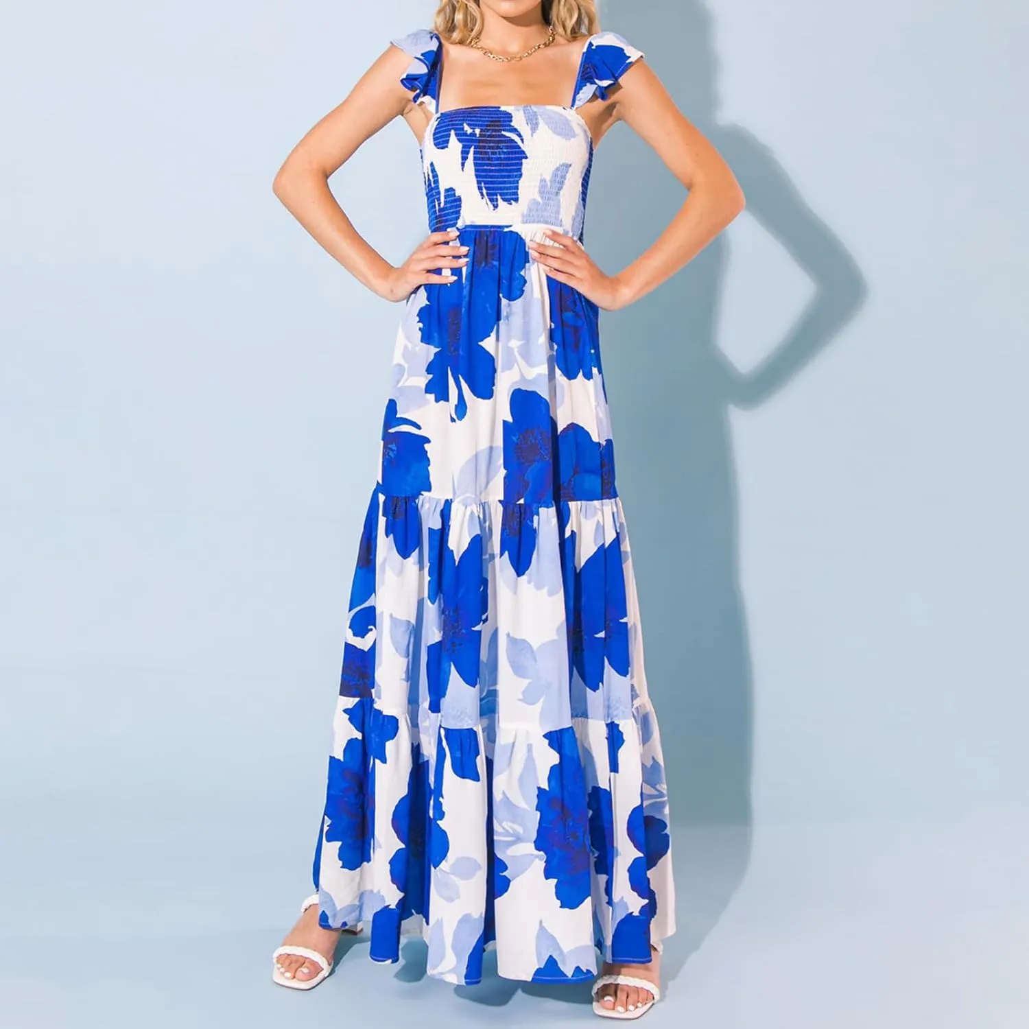 Women Summer Flying Sleeve Floral Maxi Dress Sleeveless Open Back Boho Smocked Cami Long Dress Flowy Slim Sundress