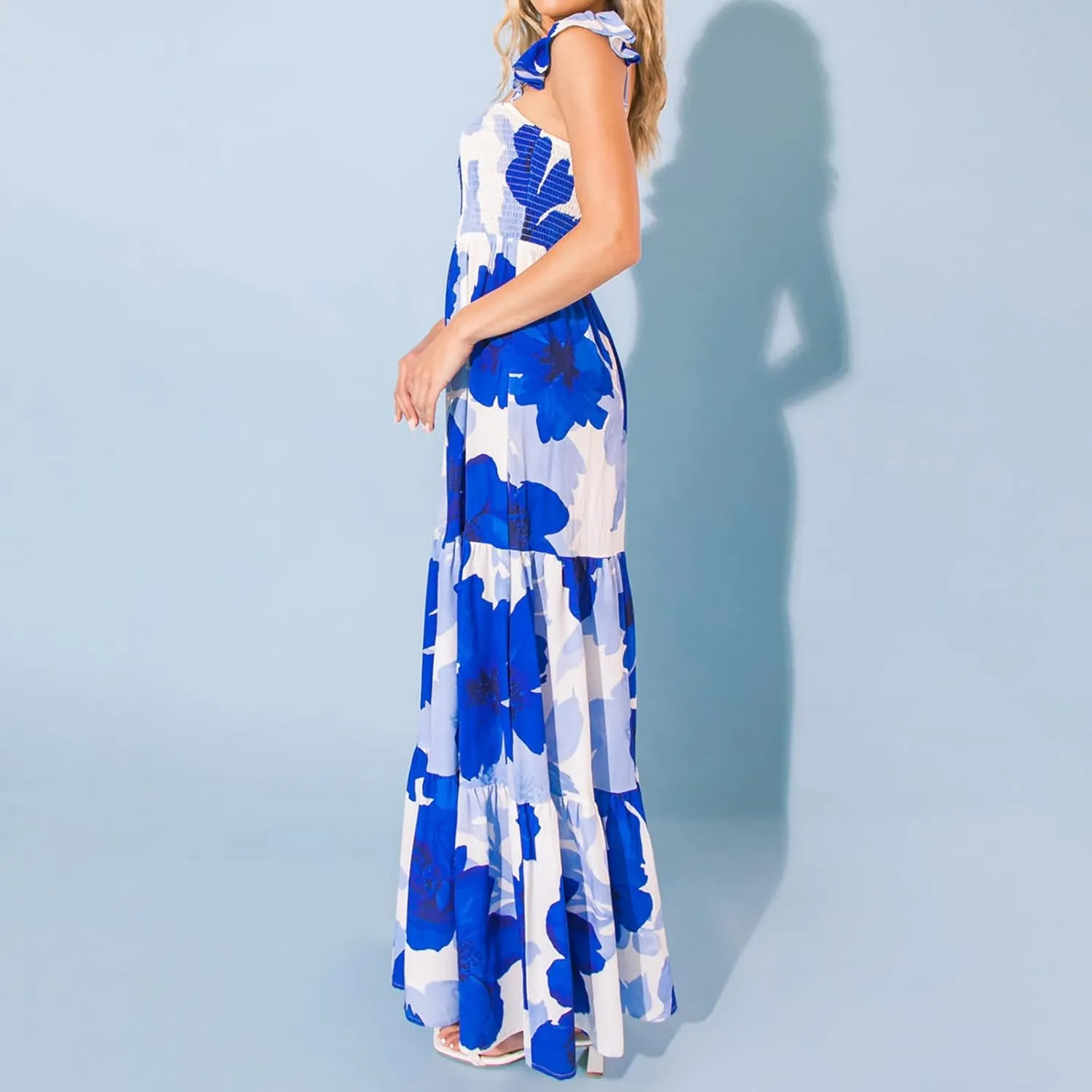 Women Summer Flying Sleeve Floral Maxi Dress Sleeveless Open Back Boho Smocked Cami Long Dress Flowy Slim Sundress