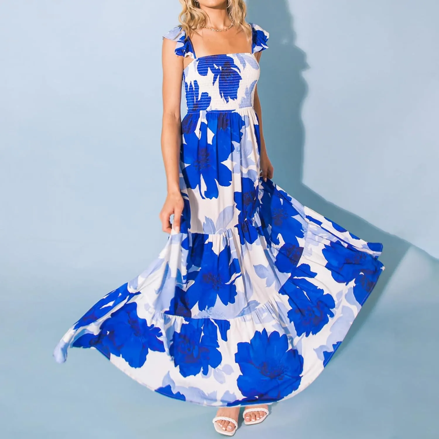Women Summer Flying Sleeve Floral Maxi Dress Sleeveless Open Back Boho Smocked Cami Long Dress Flowy Slim Sundress