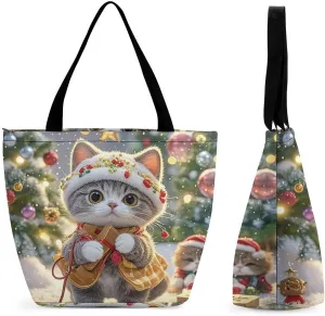 Women Tote Bags with Handles Cute Cat Sing Christmas Carols Shoulder Bag with Zipper Handbags Shopping Bags Travel Bag Beach Bag Reusable Grocery Bag for Swim Holiday Gift