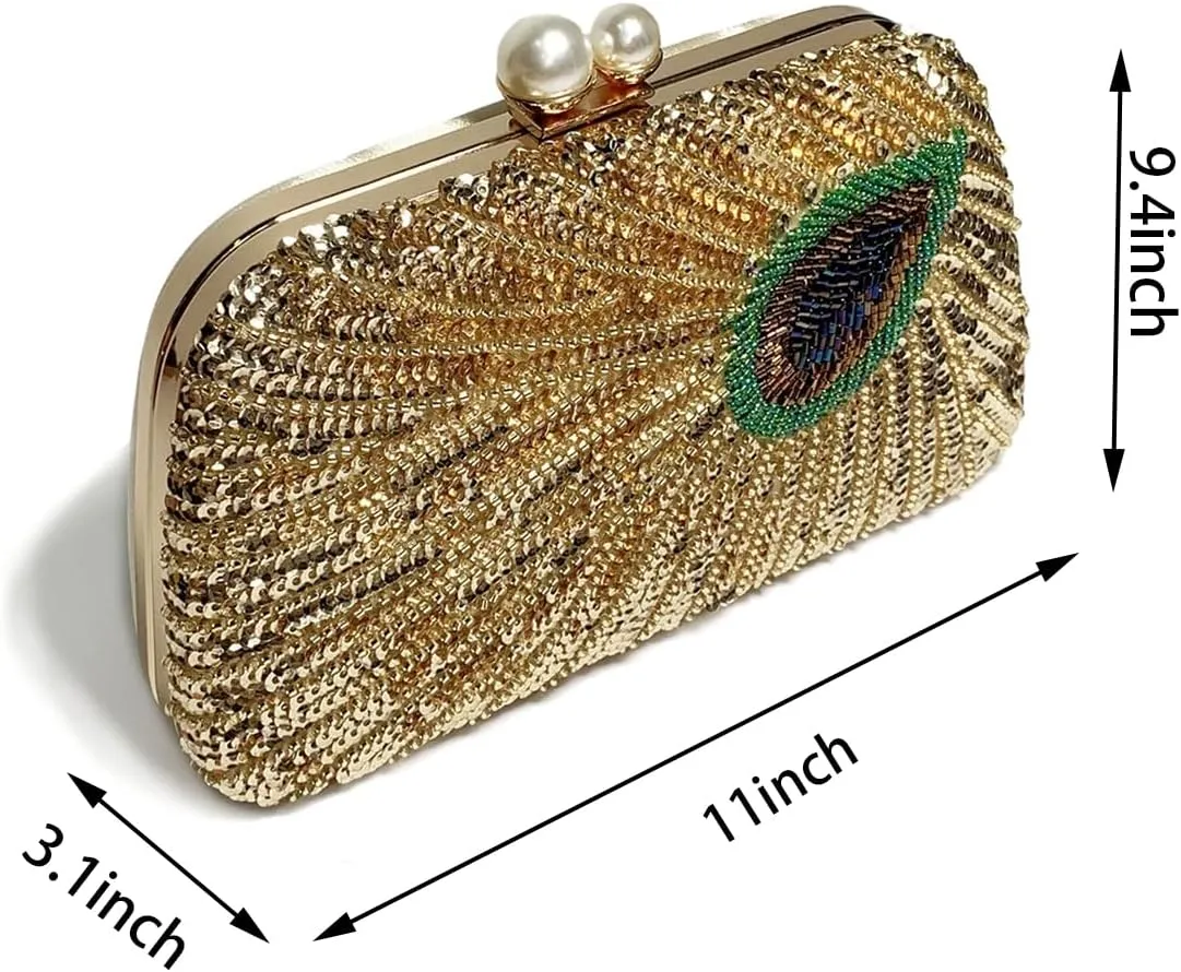 Women Vintage Beaded Sequin Clutch Purse Sparkly 1920s Peacock Evening Bag Luxury Wedding Bridal Purse
