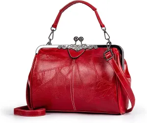 Women Vintage Hollow Handbag Oil Leather Shoulder Crossbody Bag Clutch Satchel Purse with Kiss Lock Closure