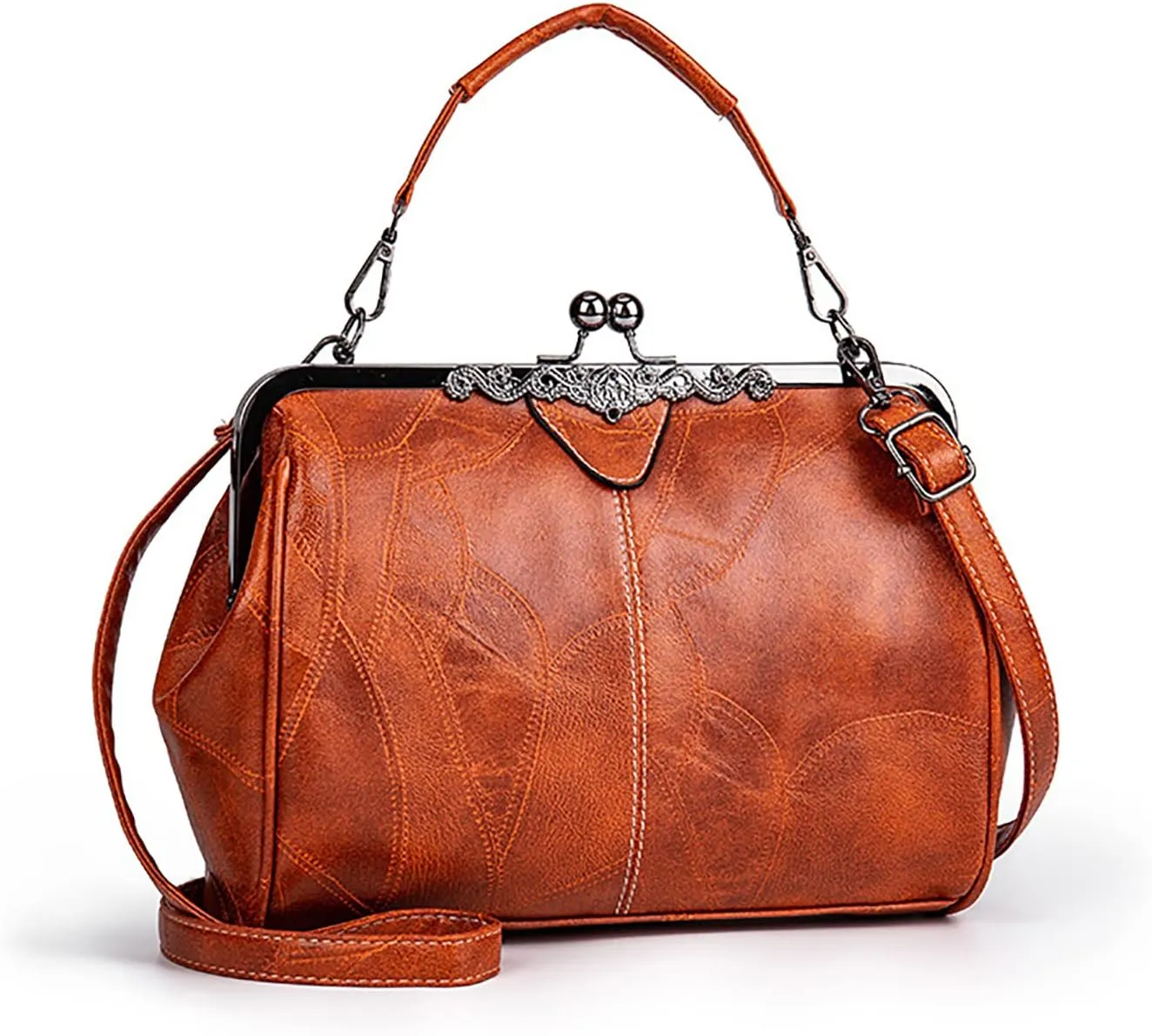 Women Vintage Hollow Handbag Oil Leather Shoulder Crossbody Bag Clutch Satchel Purse with Kiss Lock Closure