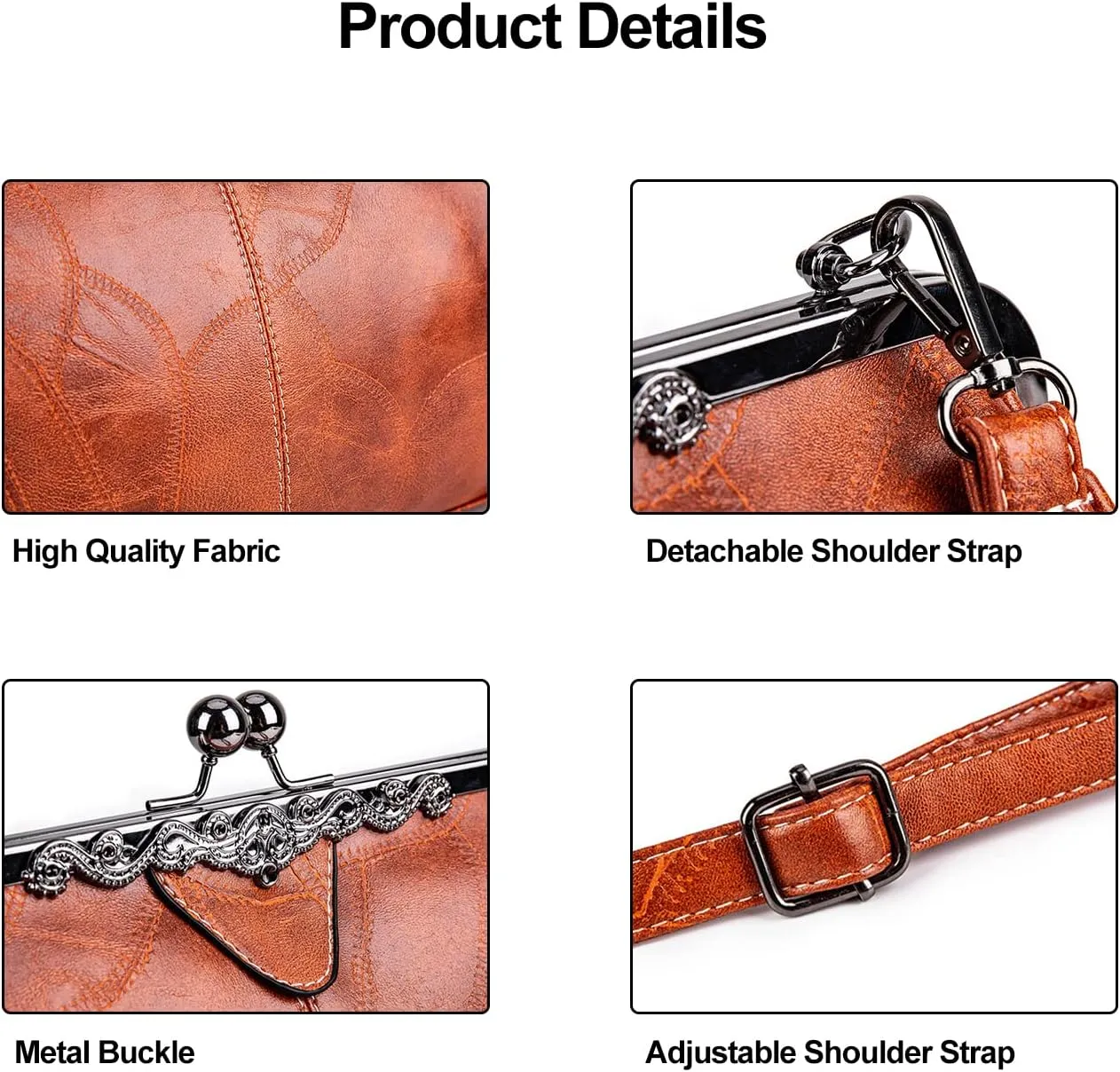 Women Vintage Hollow Handbag Oil Leather Shoulder Crossbody Bag Clutch Satchel Purse with Kiss Lock Closure