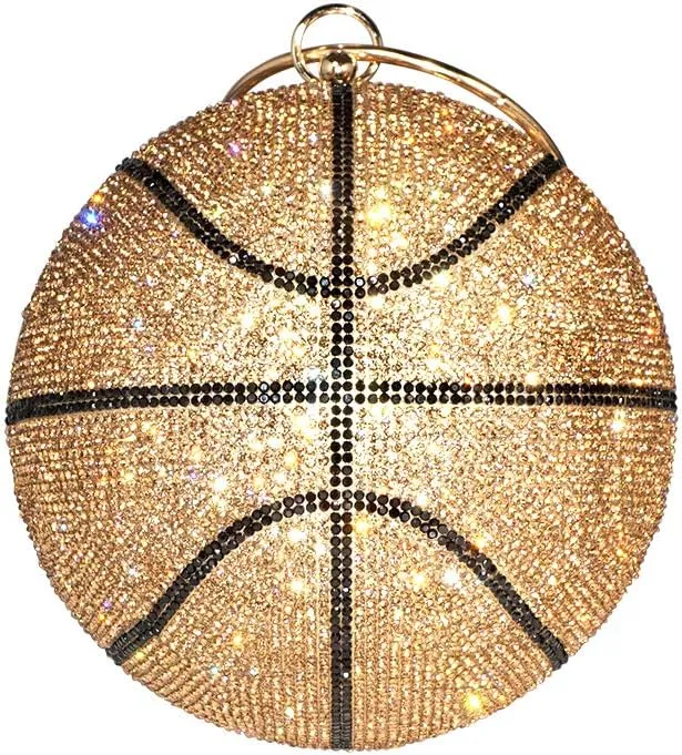 Women's Bling Basketball Purse with Diamond Accents Round Ball Crystal Bag Purse Wristlet Handbags Gold Clutch