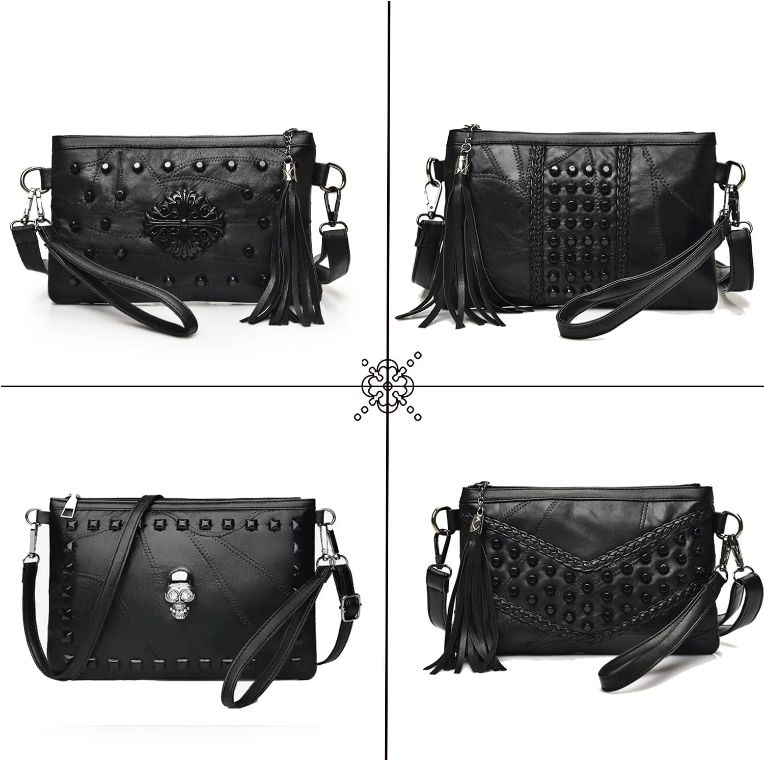 Women's Clutch Handbag Rivet Design Stylish Tassel Purse PU Leather Crossbody Bag Compact Elegant for Daily Use