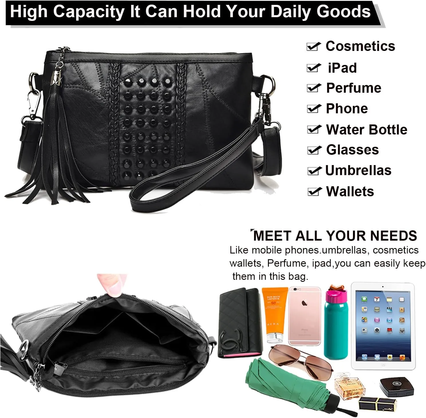 Women's Clutch Handbag Rivet Design Stylish Tassel Purse PU Leather Crossbody Bag Compact Elegant for Daily Use