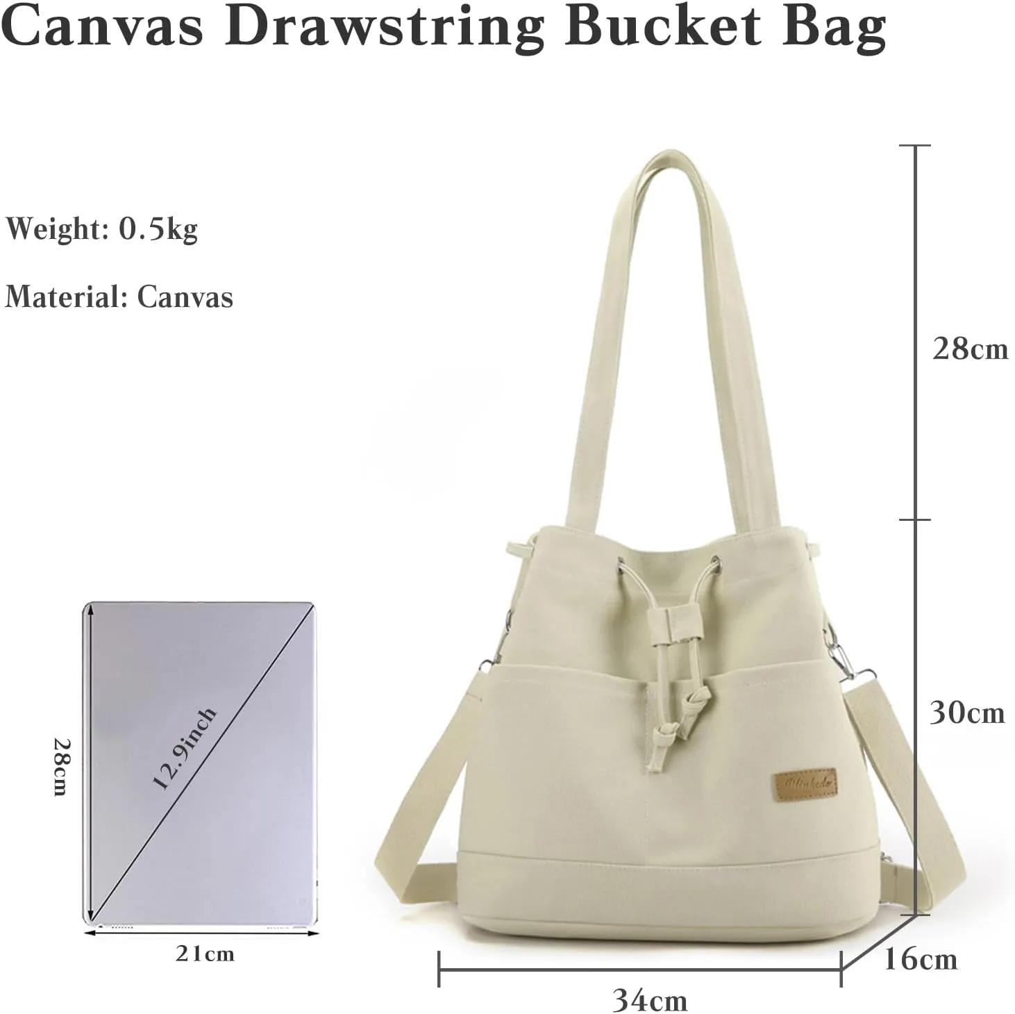 Women's Drawstring Canvas Tote Handbag - Large Shoulder & Crossbody Bag with Top Handle