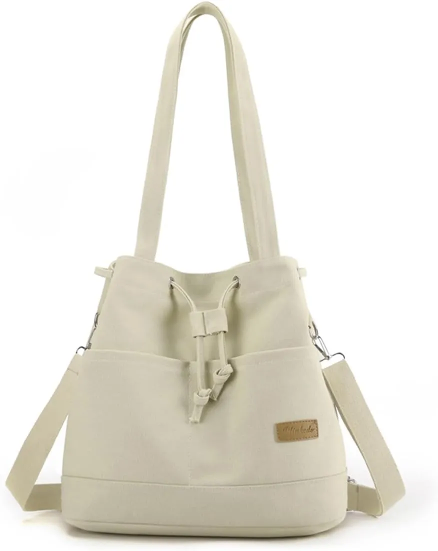 Women's Drawstring Canvas Tote Handbag - Large Shoulder & Crossbody Bag with Top Handle