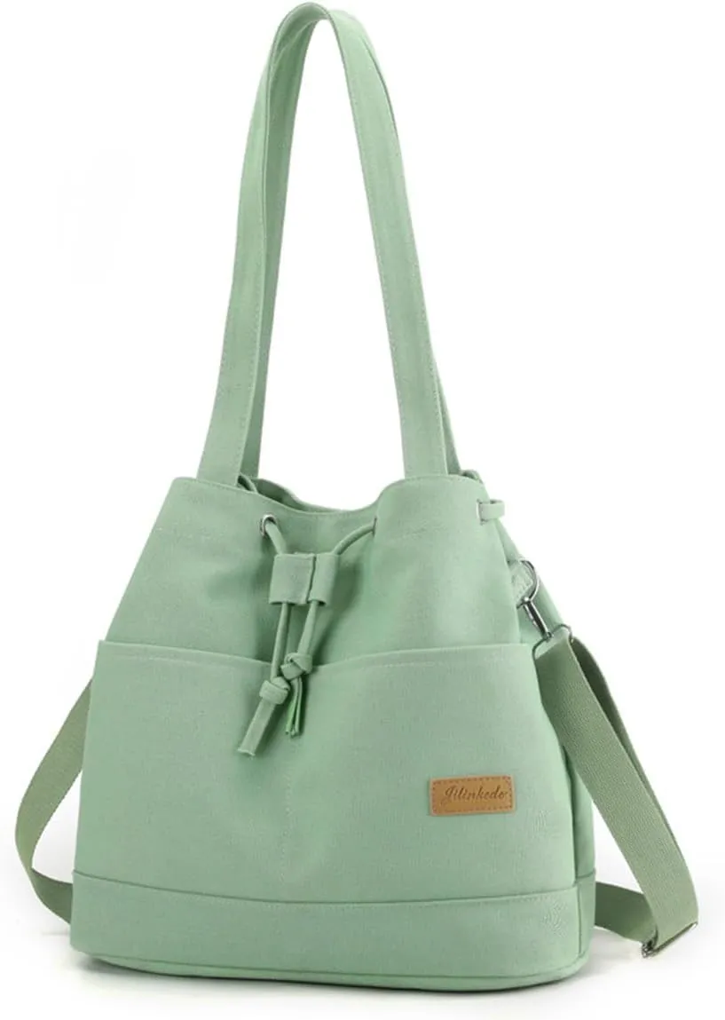 Women's Drawstring Canvas Tote Handbag - Large Shoulder & Crossbody Bag with Top Handle