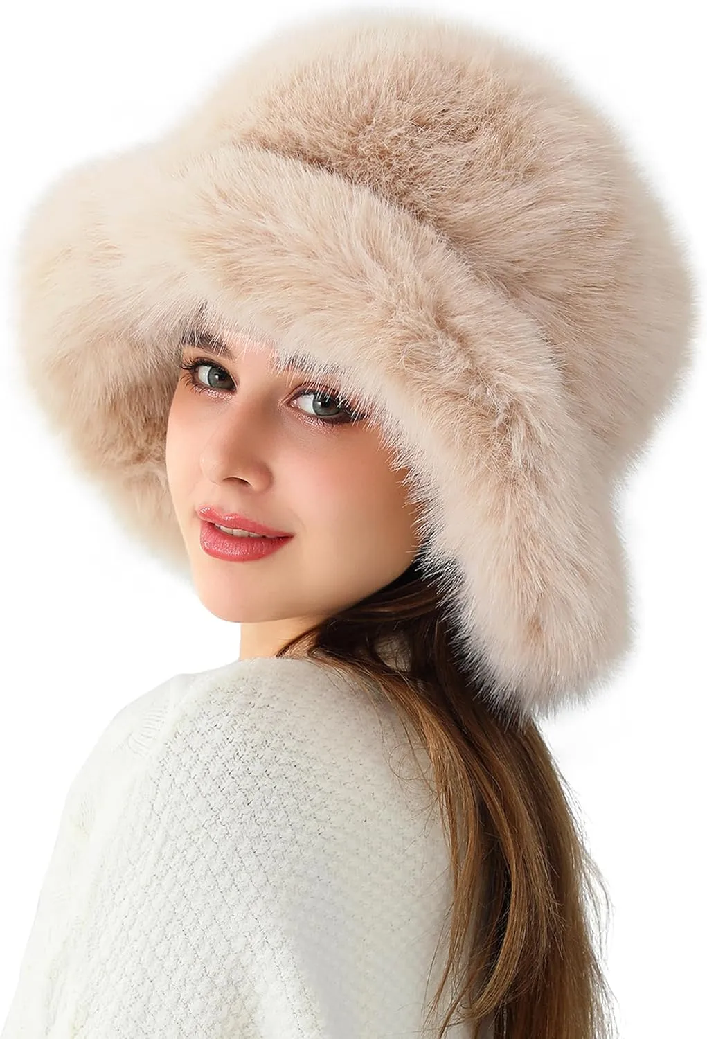 Women's Faux Fur Bucket Hats Fluffy Winter Warm Ladie's Unique Wide Brim Fisherman Cap