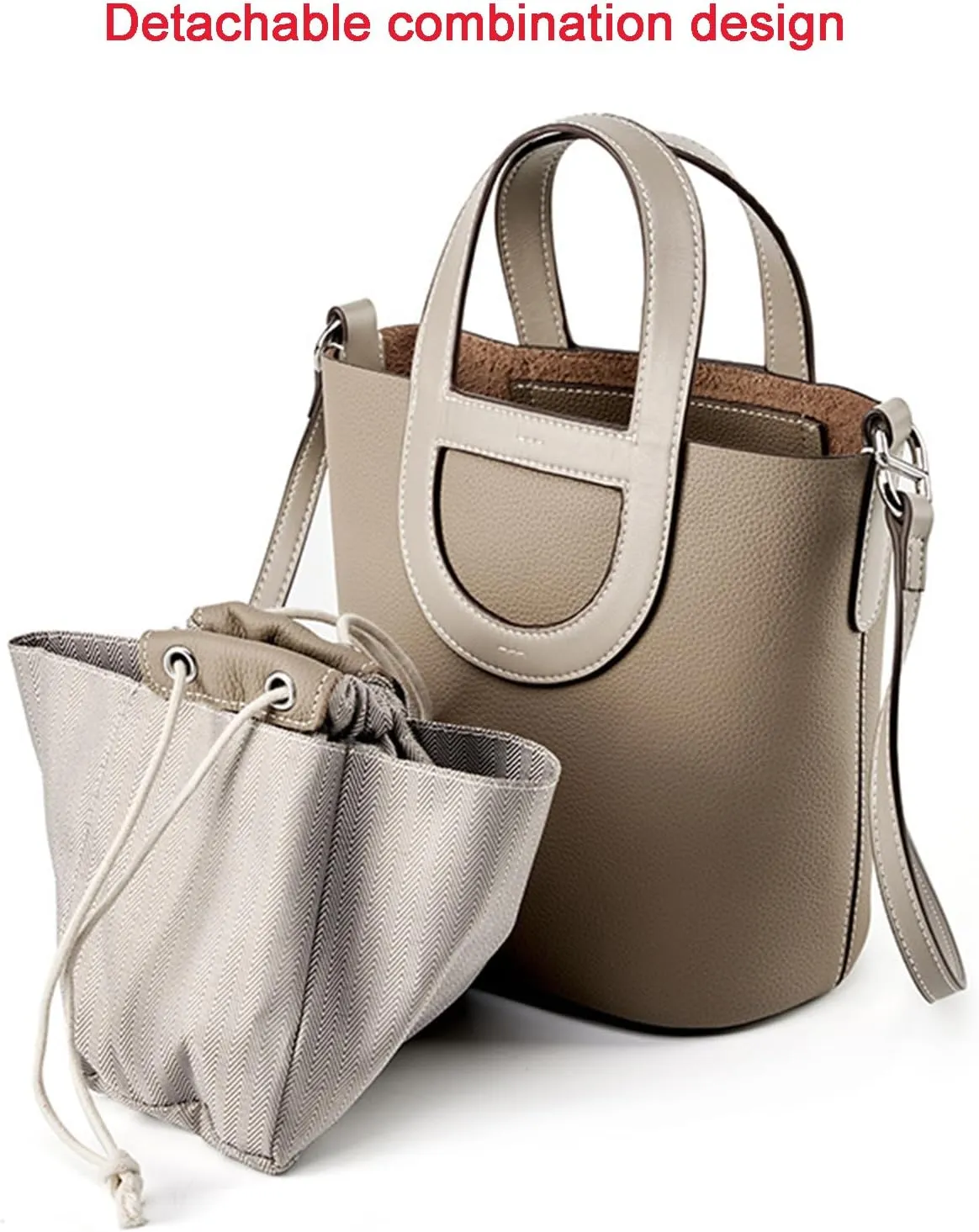 Women's Genuine Leather Bucket Bag Pig Nose Lychee Pattern Vegetable Basket Solid Color Tote Bag Trendy Handbag,Off white,19 * 12 * 20cm