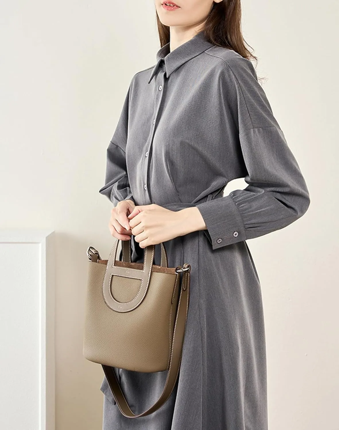 Women's Genuine Leather Bucket Bag Pig Nose Lychee Pattern Vegetable Basket Solid Color Tote Bag Trendy Handbag,Off white,19 * 12 * 20cm