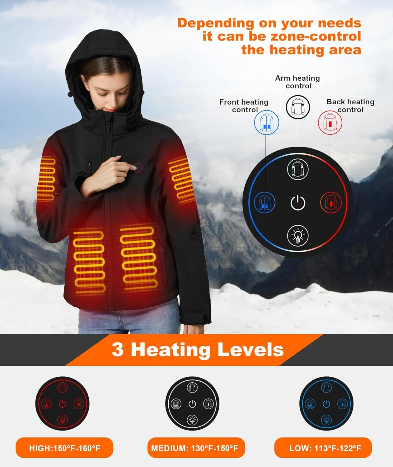 Women's Heated Jacket with Battery Pack,Waterproof Windbreaker Detachable Hooded Electric Heating Jacket Heated Coat