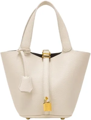 Women's Leather Tote Bag: Fashionable Lock Design Solid Color Bucket Bag Mini Handbag Wallet Handbag