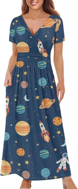 Women's Mulicolor Fall Casual Short Sleeve Ankle Length Dress V-Neck Party Dress with Pockets Size S-3XL