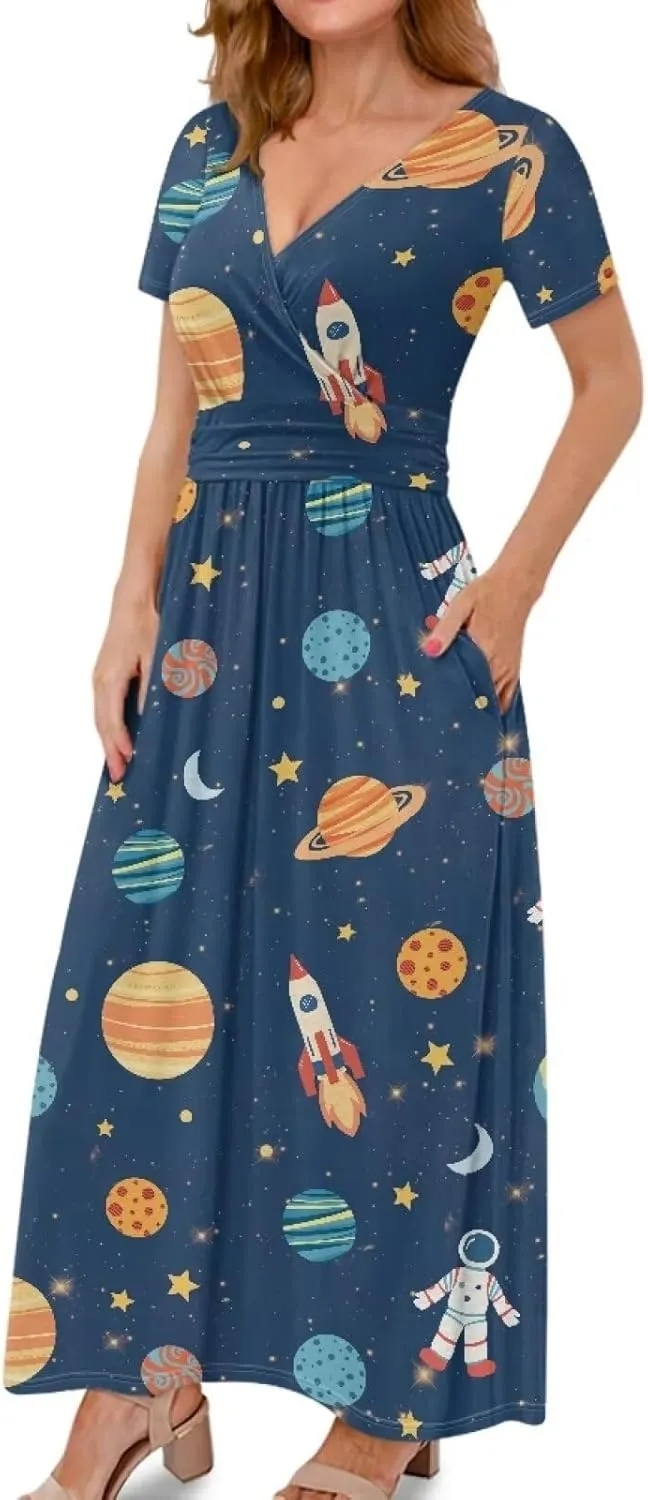 Women's Mulicolor Fall Casual Short Sleeve Ankle Length Dress V-Neck Party Dress with Pockets Size S-3XL