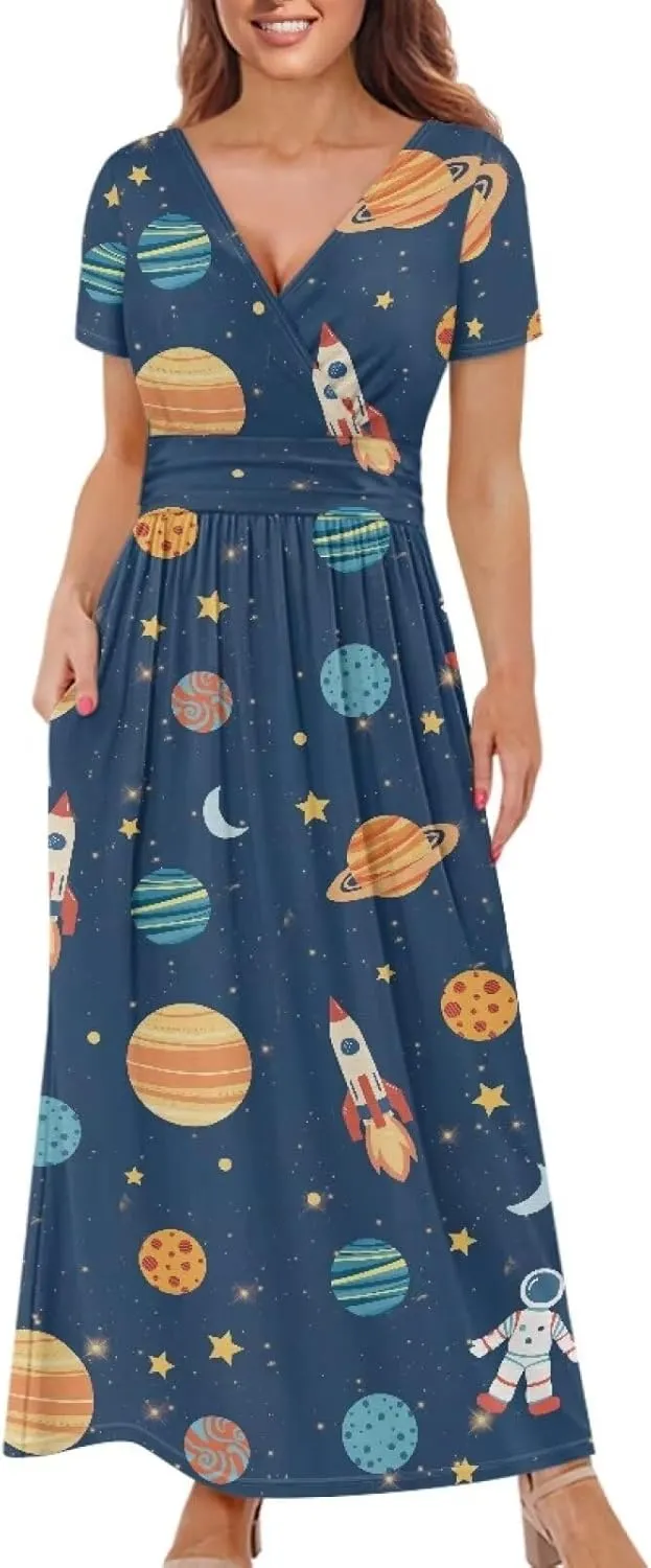 Women's Mulicolor Fall Casual Short Sleeve Ankle Length Dress V-Neck Party Dress with Pockets Size S-3XL