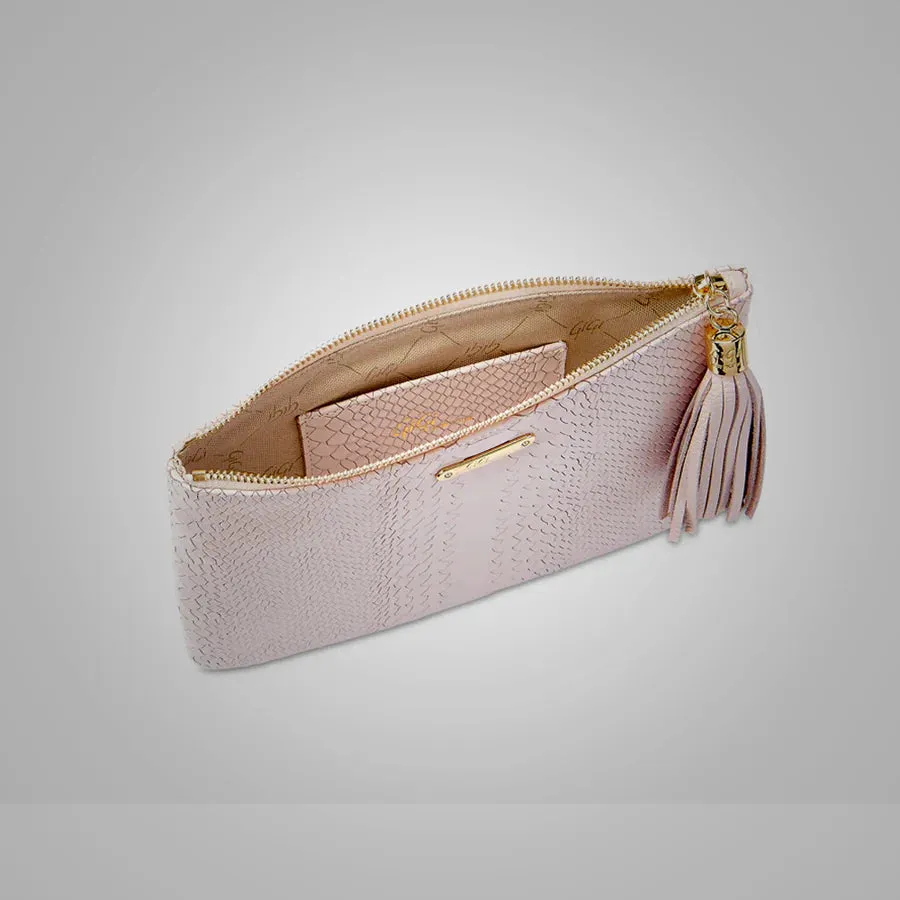 Women's Nude Embossed Python Genuine Leather Clutch