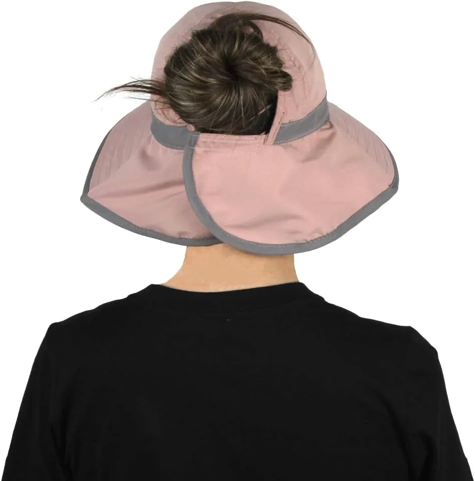 Womens Outdoor Ponytail Drawstring Bucket Hat with Full Back Opening
