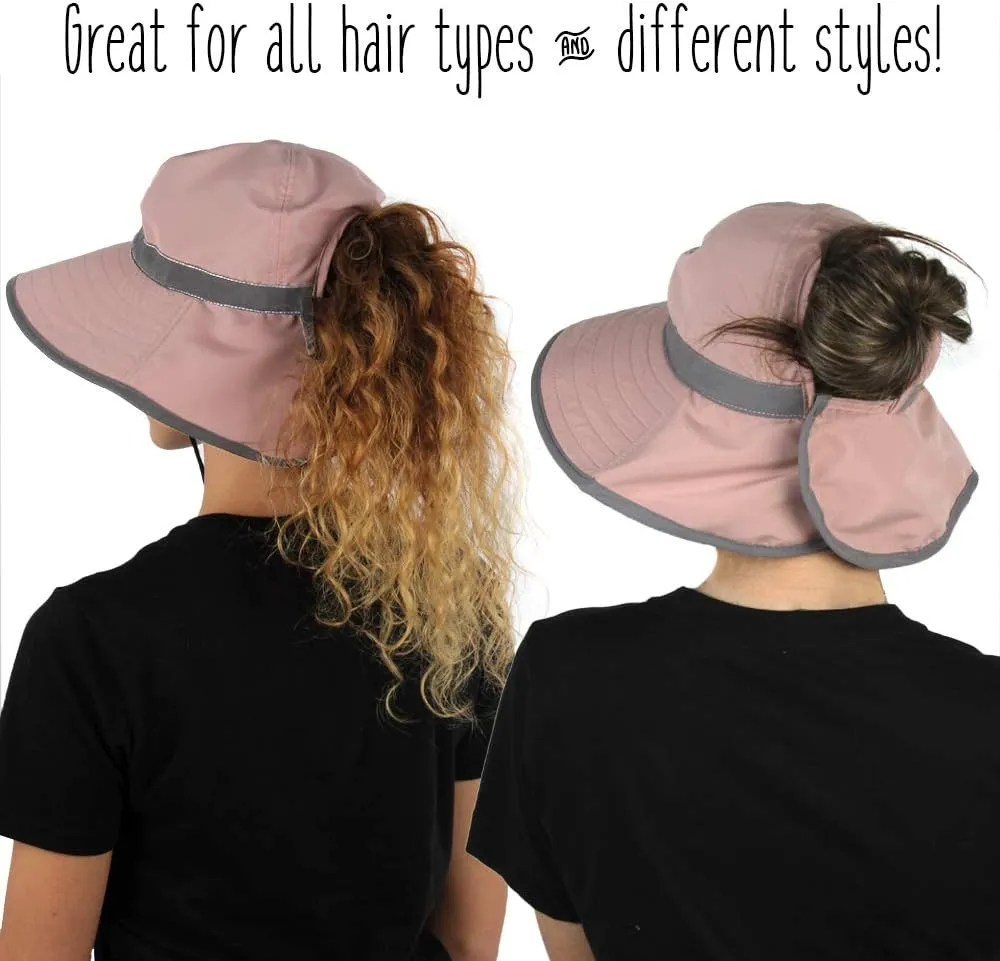 Womens Outdoor Ponytail Drawstring Bucket Hat with Full Back Opening
