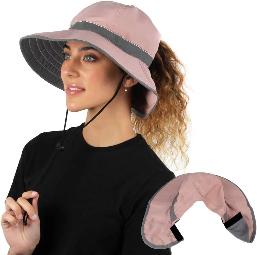 Womens Outdoor Ponytail Drawstring Bucket Hat with Full Back Opening