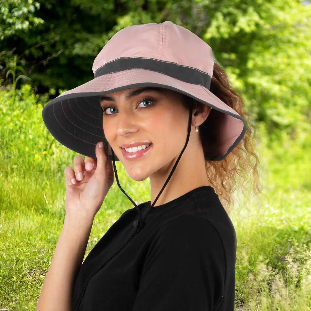 Womens Outdoor Ponytail Drawstring Bucket Hat with Full Back Opening