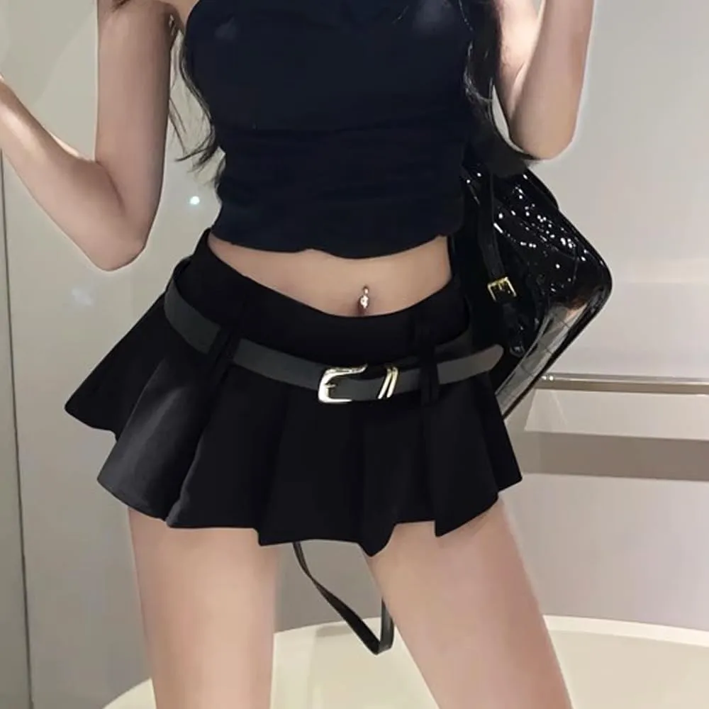 Women's Pleated Mini Skirt Y2k High Waist Stretchy Tennis Skater Short Skirt with Belt Club Party Wear