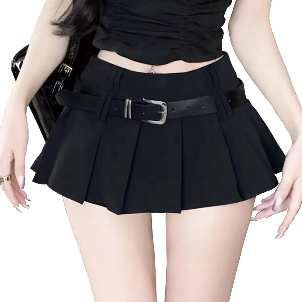 Women's Pleated Mini Skirt Y2k High Waist Stretchy Tennis Skater Short Skirt with Belt Club Party Wear