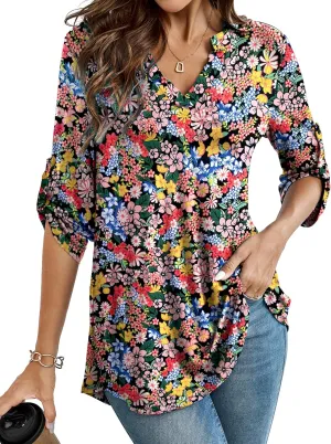 Women's Plus Size Tops 3/4 Roll Sleeve Blouses V Neck Tunic Tops